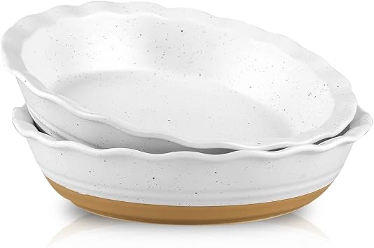 HVH 10 inch Pie Pan for Baking, Ceramic Pie Dish, Deep Dish Pie Plate for Dessert Kitchen, Deep Dish Pie Pan with Fluted Edge, Set of 2, Farmhouse Style White