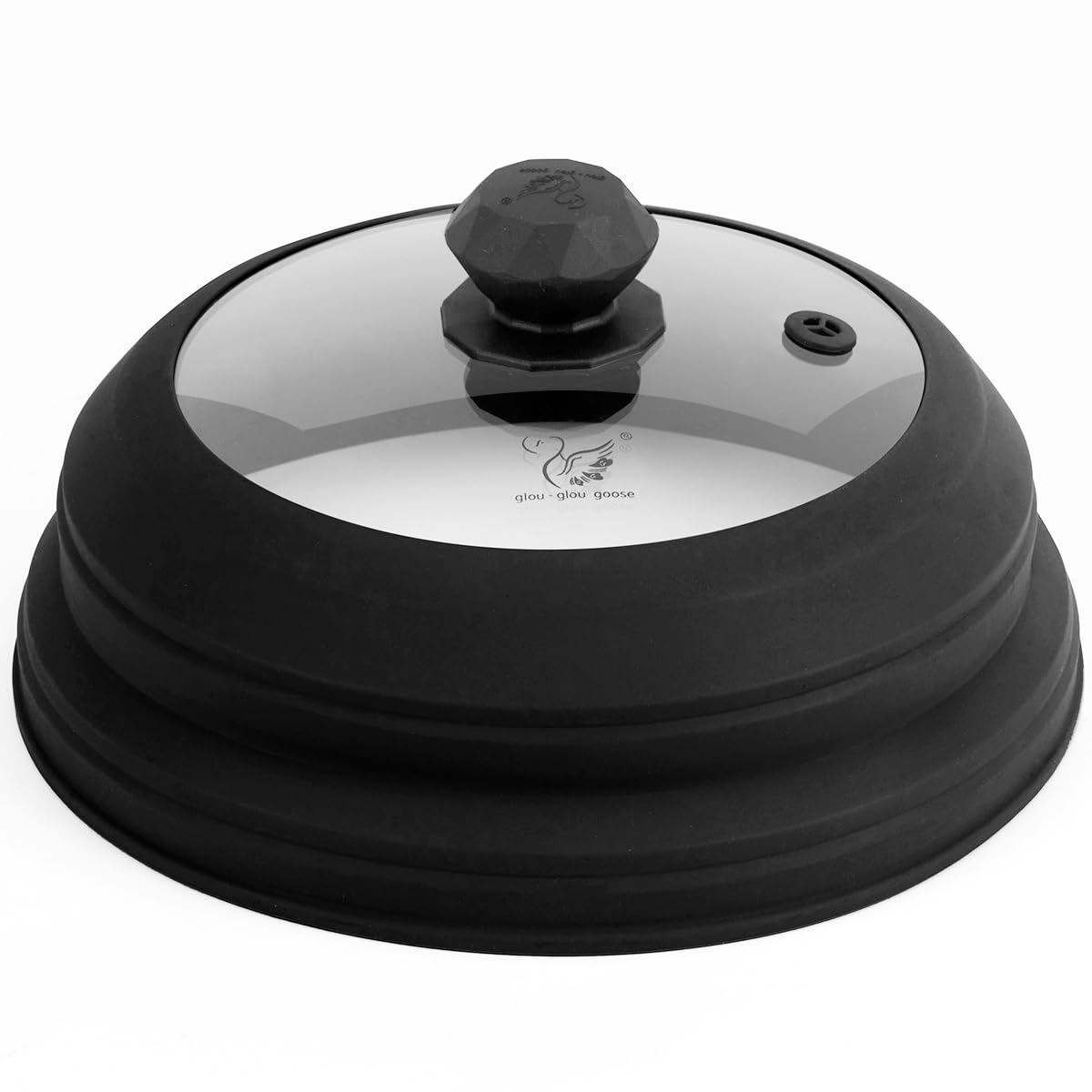 Vented Glass Splatter Guard Lid with Collapsible Silicone for Food - 11.8 inch Large Plate Cover for 6-11 inch Plate Bowl - Black