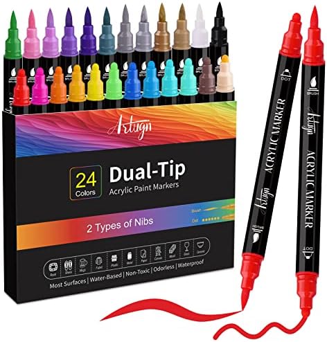 24 Colors Acrylic Paint Pens, Dual Tip Pens With Medium Tip and Brush Tip, Paint Markers for Rock Painting, Ceramic, Wood, Plastic, Calligraphy, Scrapbooking, Brush Lettering, Card Making, DIY Crafts