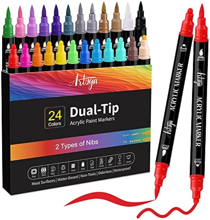 24 Colors Acrylic Paint Pens, Dual Tip Pens with Medium Tip and Brush Tip for Rock Painting, Ceramic, Wood, Plastic, Calligraphy, Scrapbooking, Brush Lettering, Card Making, DIY Crafts