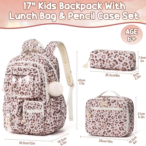 Image of Fimibuke Kids Backpack for School Girls, 3PCS Leopard Backpack w /Lunch Box