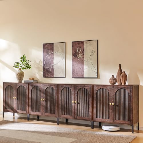 Image of IFGET Modern Buffet Cabinet with Storage, 123.5 inch W Fluted Arched Sideboard Cabinet w /Adjustable Shelves, Wooden Modular Coffee Bar for Dining Room, Kitchen, Living Room, Entryway, Brown