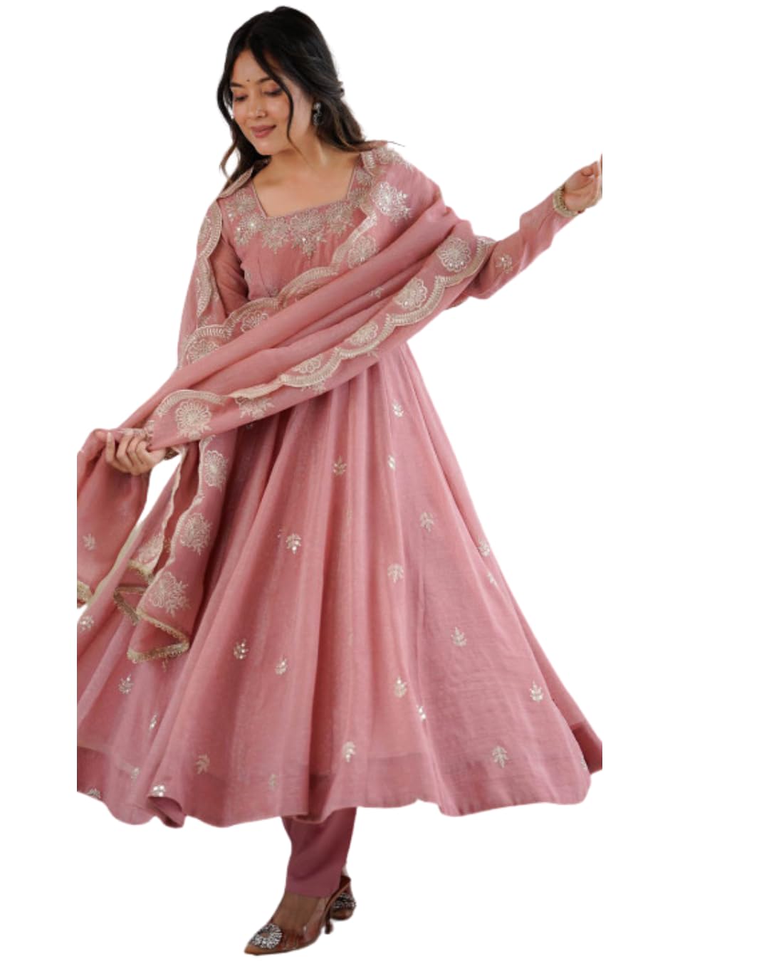 Womens Suilk Embroidered Sequence Work full sleeve Square neck Designer Anarkali kurti with pant and dupatta Three-Piece Set for Women-image-27