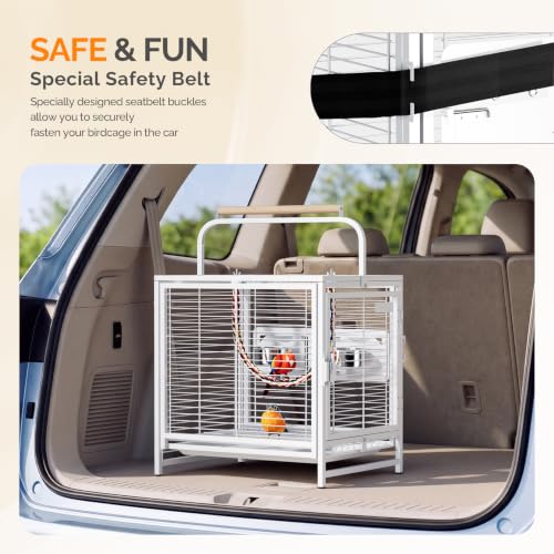 Image of VINGLI Small Bird Cage, 19 inch Travel Carrier Bird Cage with Handle, Wrought Iron Parakeet Cage with Wooden Perch for Parrot Lovebirds Finches Small /Medium Birds (White)