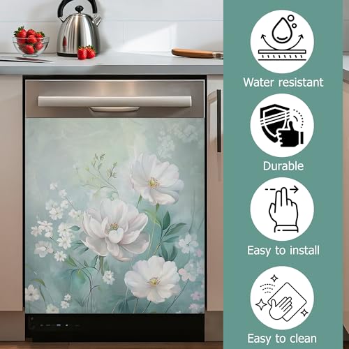 Image of White Flowers Refrigerator Magnet Cover,Green Floral Washable Dishwasher Magnets Decorative Cover,Home Kitchen Decorative Dishwasher Front Panel Cover 23x26 Inch