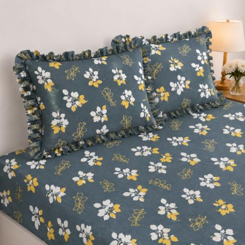 Image of 380 TC Premium Glace Cotton Elastic Fitted Bedsheet King Size with 2 Pillow Covers King Size | Double Bed with All Around Elastic (Green Gary, Fitted Queen-60x78)