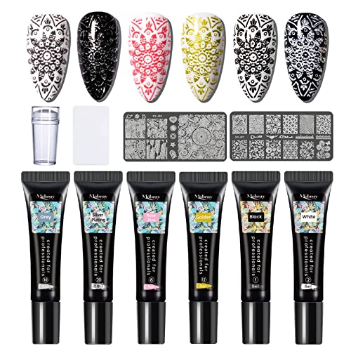 Mobray Vernis à ongles Stamping 8 ml, 6 couleurs U V LED Nail Art Stamping Kit avec 1*Tampon 1*Grattoir et 2*Plaques à Ongles Stamping Nail Vernis à Ongles pour débutants ou professionnels Nails Art