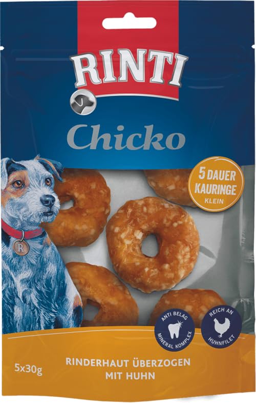 Rinti Chicko Kauringe klein | 9er Pack | 9 x 150 g | Aus bissfester Rinderhaut mit Hühnerfleisch überzogen | Putzkörperchen auf Mineralstoffbasis | Wiederverschließbar