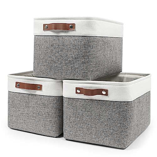 Storage Bins Large Fabric Storage Baskets for Shelves 3 Pack, Decorative Linen Closet Baskets with Handles for Organizing, Shelf, Clothes, Home, Office, 15x11x9.5Inches (Grey&White)