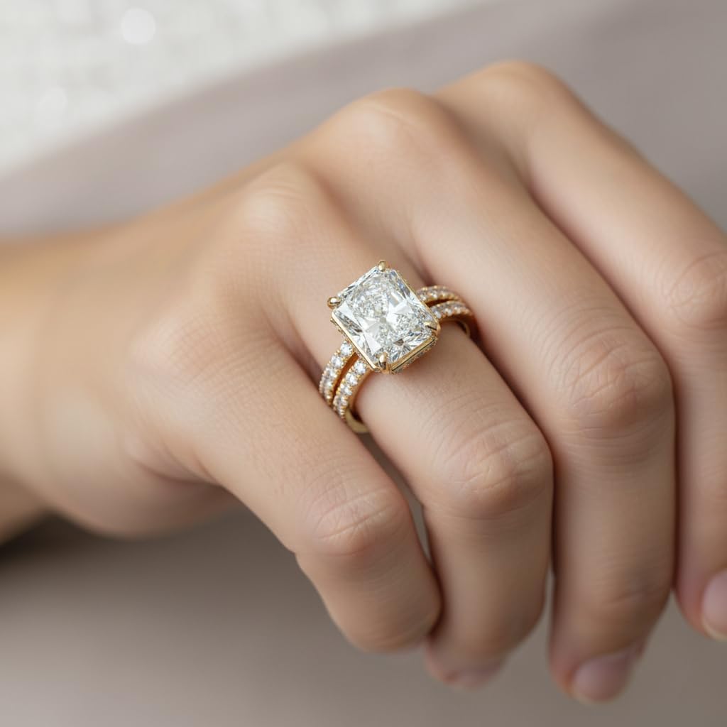 2 Carat Moissanite Engagement Ring Set for Women 925 Sterling Silver 18k Gold Plated Radiant Cut Moissanite Wedding Ring Set VVS1 Clarity D Color Bridal Set Rings