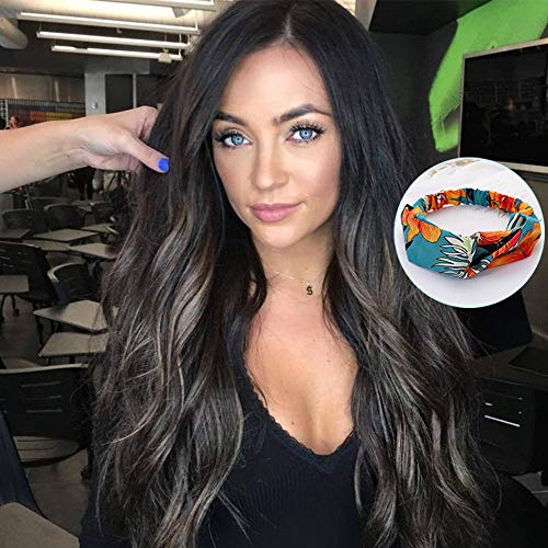 SSZLU Black to Dark Brown Side Part Long Wavy Wigs Heat Resistant Synthetic Daily Party 24inch Wig For Women (1 Wig + 1 Hairband)
