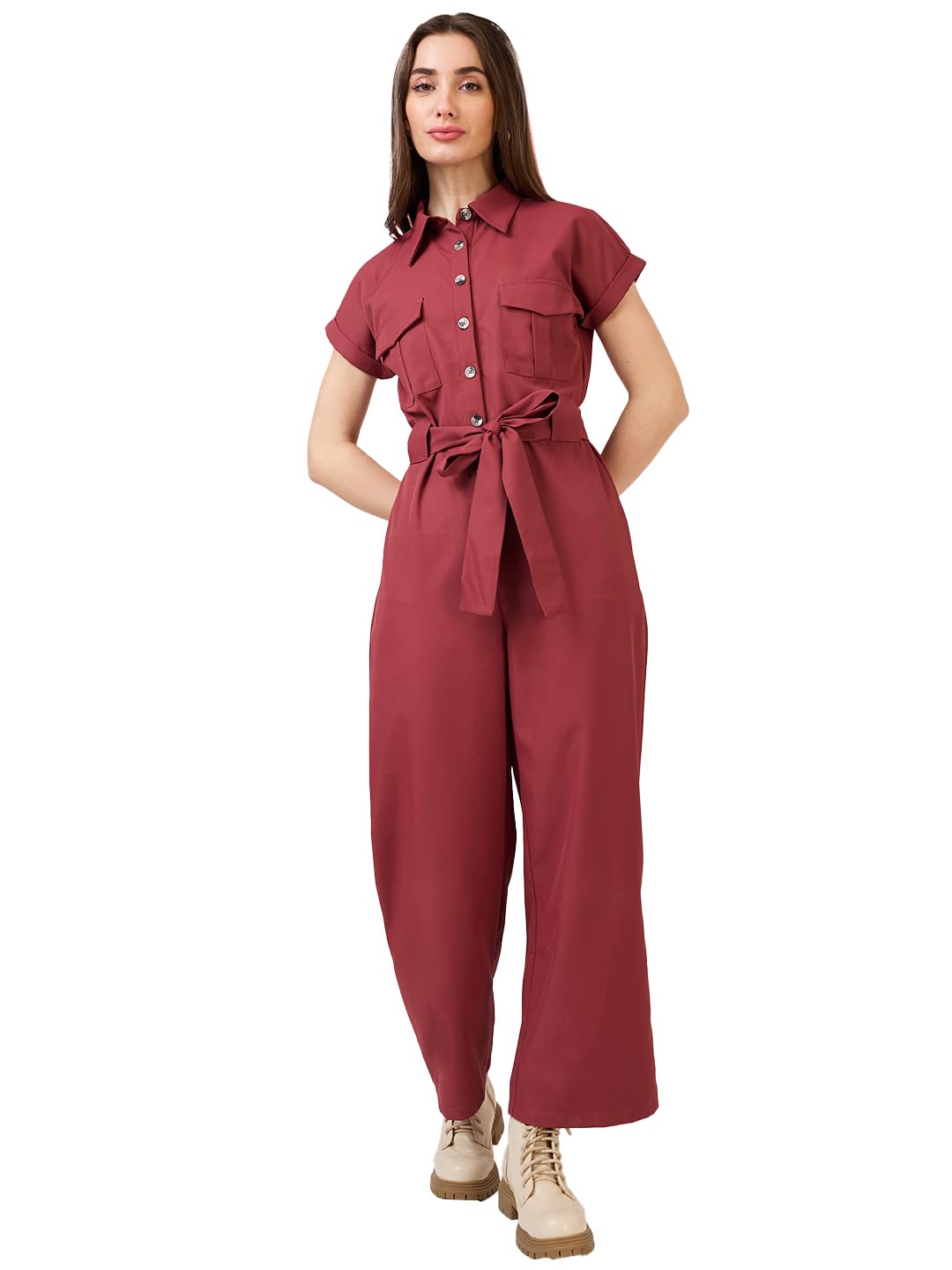 globus Women Olive Solid Shirt Collar Jumpsuit with Waist Tie-Up-3638458001-picture-34