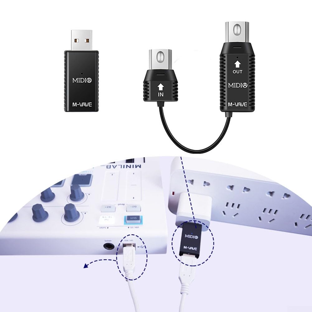 RANRAO Adaptador Inalámbrico MIDI 5 Pines a USB - Baja Latencia (3ms), Alcance 10m, Batería 48H, Plug & Play para Teclados/Sintetizadores/Baterías Electrónicas