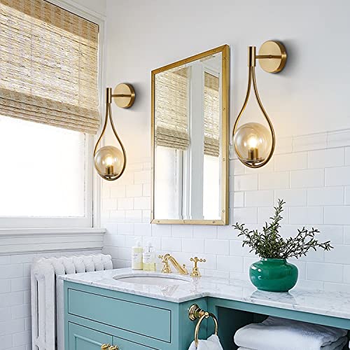 Image of KCO Lighting Glass Globe Wall Mounted Sconce Gold Teardrop Wall Sconce Vintage Cordless Sconces Wall Lighting for Stairwell Bathroom Bedroom (Gold + Amber)