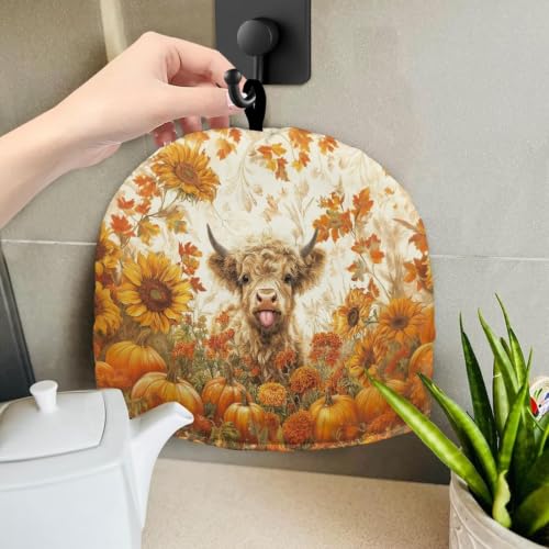 Image of Hudotybom Highland Cattle Tea Cozy for Teapot Insulated Thanksgiving Pumpkin Wadding Tea Cozies Covers Kitchen Textiles Warming Kettle Cover
