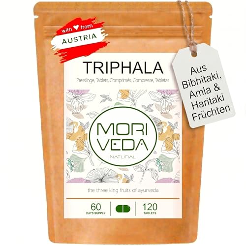 MoriVeda Triphala Presslinge 1000mg Ayurvedische Dreifrucht-Mischung aus Amla Haritaki & Bibhitak pflanzliches Ergänzungsmittel vegan 120 Tabletten