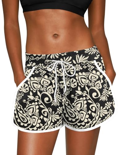 For G and PL Women Hawaiian Badehose Casual mit Beachrider und Bedruck Beach Kokospalme Schwarz Weiß Tribal XL 1