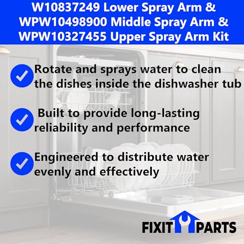 Image of W10837249 Lower Spray Arm & WPW10498900 Middle Spray Arm & WPW10327455 Upper Spray Arm Kit - Compatible with Whirlpool Kenmore Maytag KitchenAid Dishwasher Models