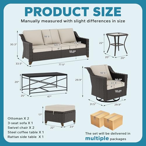 Image of 7 Pieces Outdoor Conversation Furniture Set - 77 inch Patio Sofa, 2 Swivel Rocker Chairs, 2 Ottomans, 1 Side Table, 1 Metal Table, Wicker Couch with Washable Cushions for Balcony (Beige) | Patio Chair Set with Olefin Removable Cushion, All-Weather Outdoor Couch with Deep Seat for Porch, Deck and Backyard, Beige