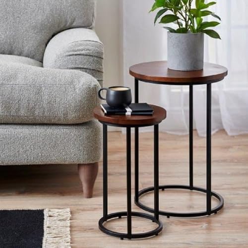 Image of Brown Arts Shoppee Round Nesting Tables Simple Modern Small Round Table MDF Top Metal Table Living Room Sofa Set of 2 (Brown Black)