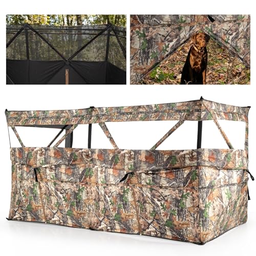 COSTWAY Barriera di Caccia Mimetico a 3 Lati Portatile 360°, Nascondiglio Pop-up 1-3 Persone con Porta per Cani, Tessuto Oxford con Borsa Trasporto, per Fotografia Naturale e Caccia