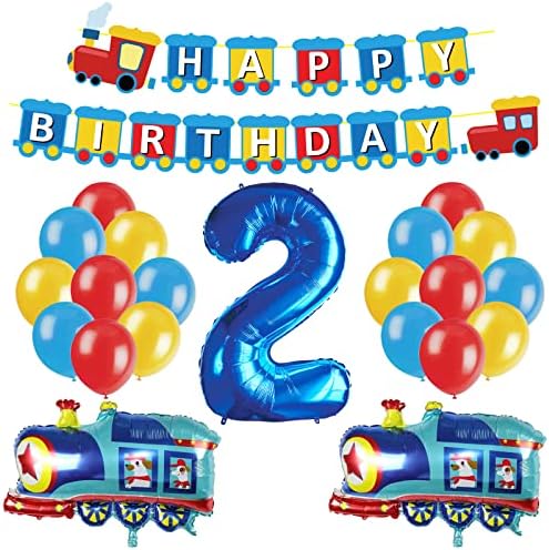 JOPARY Train 2nd Birthday Decorations,Train 2 Years Old Birthday Party Supplies With Number 2 Foil Balloons, Train Birthday Banner, Latex Balloons For Kids Train Birthday Party Decoration