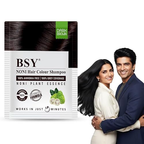 BSY Noni Black Hair Magic 3 IN 1 Natural 5-Min Hair Colour Shampoo Brown | Ammonia Free Long Lasting Hair Color_Noni Fruit Extract No Hair Loss Grey Coverage Hair Dye for Women & Men (20ml-6 Sachet)