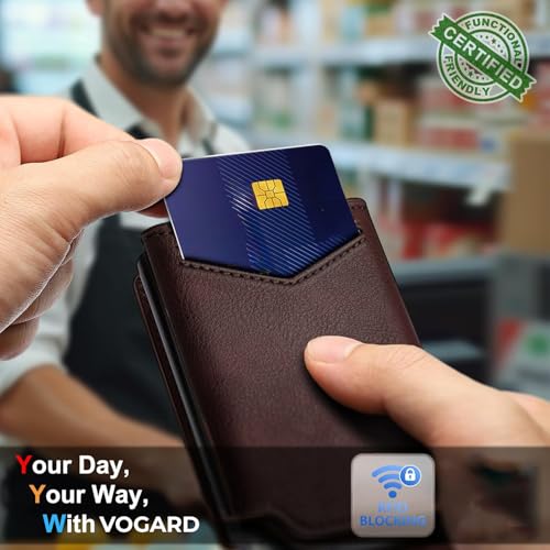 Image of VOGARD RFID Blocking Pop-Up Wallet for Men | Slim Leather Bifold Wallet with Metal Card Holder, Magnetic Flip, ID Window & Cash Pocket | Holds 10 Cards Brown