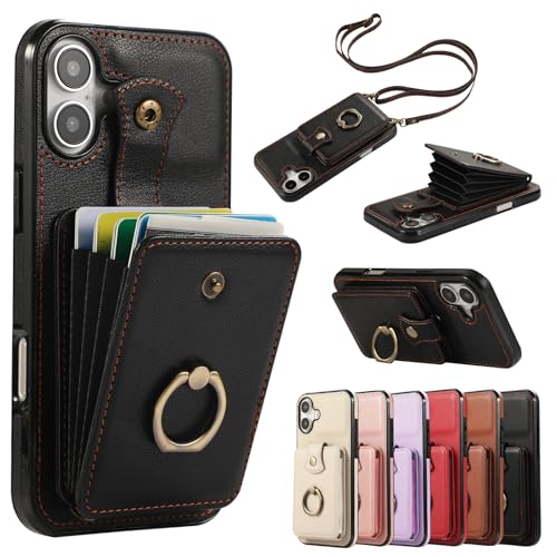 Étui iPhone 16 Plus style portefeuille noir avec porte-cartes et anneau de protection RFID intégré