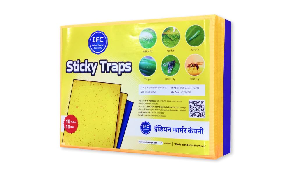 IFC Yellow + Blue Sticky Traps |(10 Yellow + 10 Blue) Chemical Free Fly Traps/Insect Catchers/Sticky Pads | for Insects, Whiteflies, Aphids, Leaf Miners, Thrips, and Jassids |