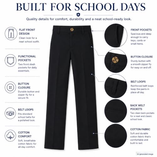 Image of Bienzoe Boys School Uniform Pants: Adjustable Waist Flat Front | Students Ages 6-13, Classroom Days, Picture Day, Awards, Open House, Chapel, Family Events, Lean-To-Regular Builds, Neat Look