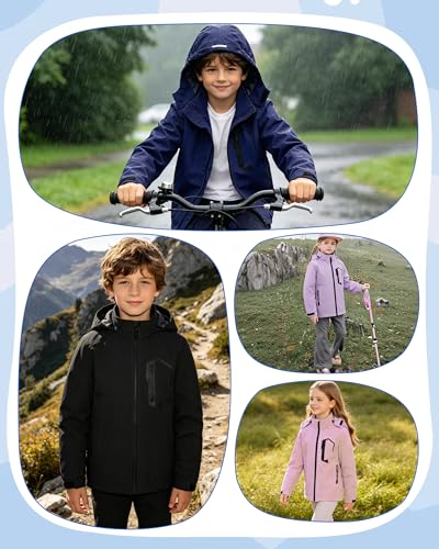 Image of Kids Rain Jacket Boys Girls Lightweight Raincoats Kids Outdoor Windbreaker Jackets with Detachable Hood