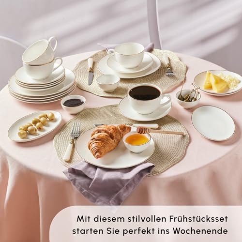 Karaca Marcelo Frühstücks- und Servierset für 6 Personen, 26-teiliges Geschirr Set, Modernes Geschirrset, Keramik Teller Set, Weiß-Gold