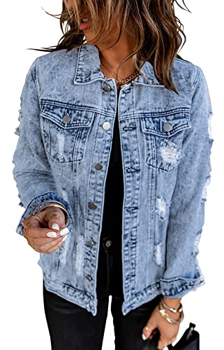 Necooer Blue Jeansjacken Für Damen Mode Boyfriend Washed Denim Jean Coat Jacket Outwear