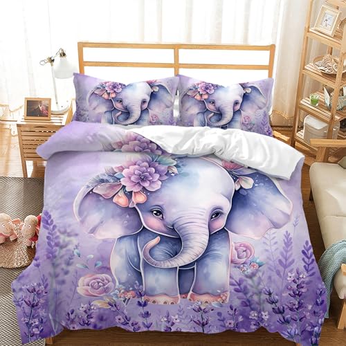 AILONEN Cute Elephant Kawaii Kids Duvet Cover Set King Size for Girls,Lavender Purple Flower Elephant Comforter Cover Set,Lovely Animal Soft Duvet Cover with 2 Pillowcases,3 Pieces