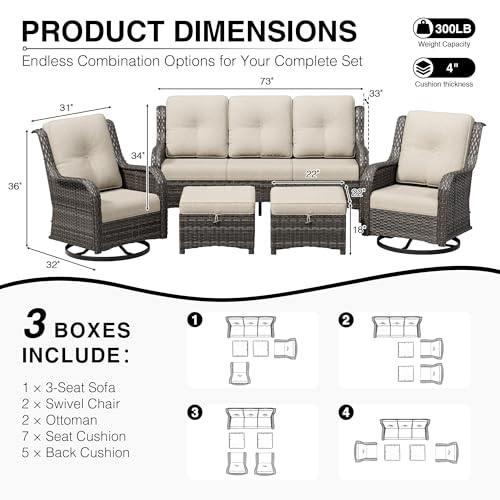 Image of Joyside 5 Piece Wicker Patio Furniture Set, Outdoor Swivel Rocker Patio Chairs with High Back, Deep Seating, Wide Armrest, Thickened Cushions, Outdoor Furniture for Deck, Porch Use