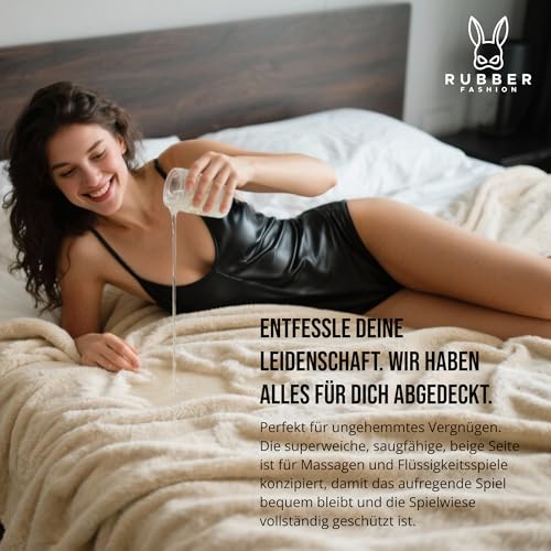 Rubberfashion Liebes Decke wasserdicht weich - Liebesdecke für Bett und Sofa - wasserfeste Unterlage 200 x 152 für romantische Momente & Alltag Schwarz-beige