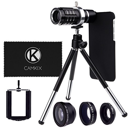 CamKix Camera Lens Kit Compatible with Apple iPhone 6 / 6S incl. 12x Telephoto Lens, Fisheye Lens, Macro Lens, Wide Angle Lens, Tripod, Phone Holder, Holder Ring, Hard Case, Bag and Cleaning Cloth