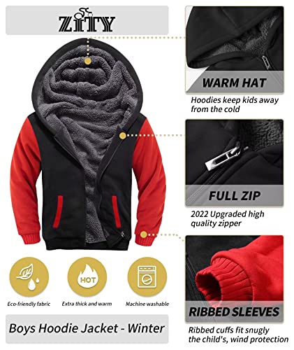 Zity Boys Fleece Hoodie Full Zip Casual Hooded Sweatshirt With Thick Sherpa Lined Fashion Outdoor Jacket (Black Red,10) #TOP2