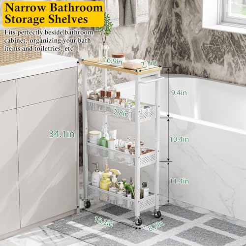 OKZEST Utility Slim Storage Cart, 4 Tier Small Rolling Kitchen Laundry Room Cart with Wood Top, Metal Narrow Bathroom Storage Cabinet Mobile Shelf Unit Organizer Trolley with Handle for Narrow Space
