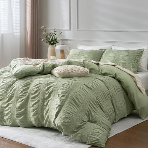 Image of JELLYMONI Light Green Duvet Cover Full Size, 3pcs Washed Microfiber Bedding Set, Soft Breathable Wide Seersucker Duvet Cover Set with Zipper Closure and Corner Ties for All Seasons