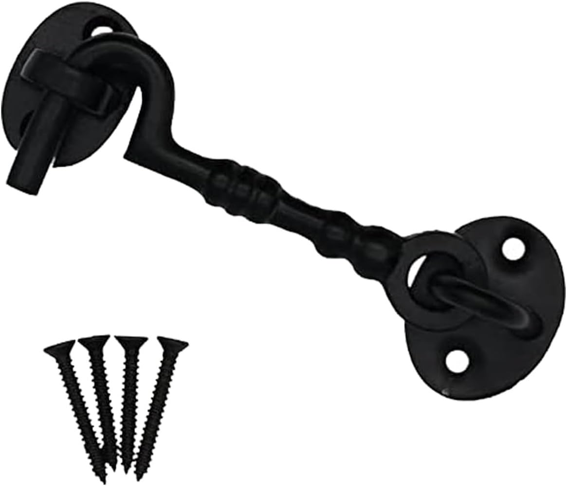 4 Inch Black Cabin Hook & Eye Latch – Traditional Cast Iron Garden Gate Catch, Shed Door Latch with Screws, Outdoor Silent Catch for Doors and Gates