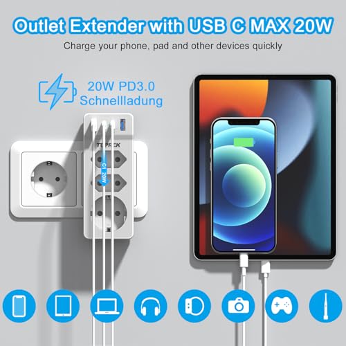 Doppelstecker für Steckdose, Mehrfachstecker mit USB, 7 in 1 Doppelsteckdose Steckdosenleiste mit USB Steckdosenadapter 3 Fach, 4000W 16A Mehrfachsteckdose Ohne Kabel Steckdosenverteiler, Grau 4