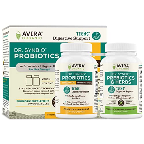 Dr Synbio Teens Digestive Support Probiotics & Prebiotics – Triphala, Chicory, 25 Billion CFU, 12 Multiple Strains, Helps Support Nutrient Absorption, Restore Normal Gut Flora