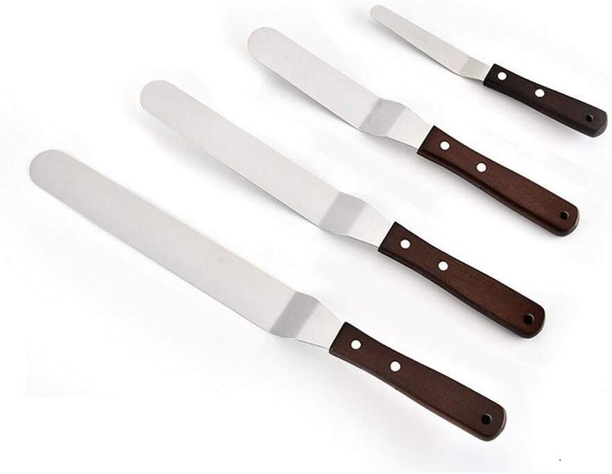 Offset Cake Icing Spatula Set of 4- Professional Stainless Steel Cake Decorating Spatulas, 4"-6"-8"-10" Flexible Resistant Blade with Wooden Handle