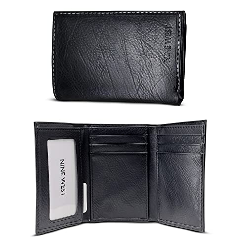 Nine West Vegan Leather Trifold Wallets For Men - Cruelty Free Recycled Leather Mens Wallet With ID Window Gifts For Men, Two Tone Black