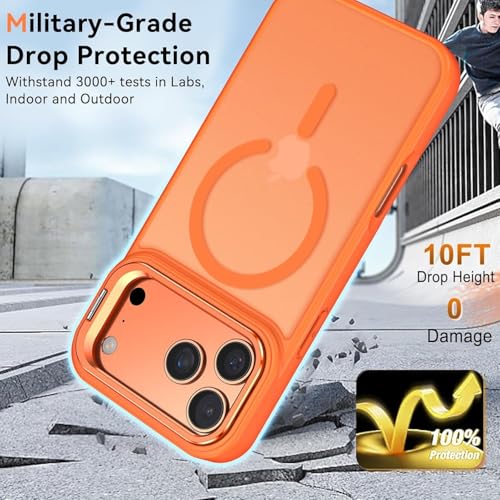 Image of Elzzi Translucent Matte Kickstand Case for iPhone 17 Pro Max, Built-in Adjustable Camera Stand, Translucent Matte Magnetic Mag-Safe Shockproof Phone Cover (Orange)