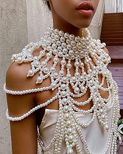 Ccbodily Pearl Body Chain Bra - Fashion Shoulder Necklaces Bra Chain Body Jewelry(E-White) #TOP3