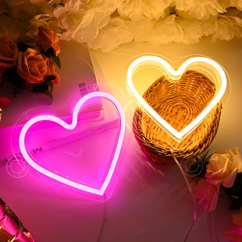 Image of SYLHOME 2 Pack Heart Led Neon Light Sign Battery Operated or USB Powered Bedroom Wedding Wall Sign Decor Christmas Birthday Gifts USB 7.87 inch X 7.28 inch Pink & Warm White