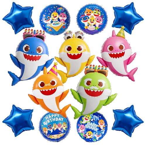 Image of PartyWoo Baby Shark Family Foil Balloons 13pcs Baby Shark Family Blue Round Star Mylar Helium Balloons for Boys and Girls Birthday Decorations Under the Sea Ocean Kids Birthday Party Decorations